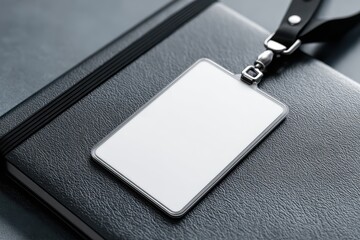 Blank ID Badge on Dark Leather Notebook