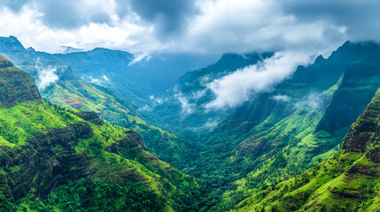 Naklejka premium Amazing wild nature view of layer of mountain forest landscape with cloudy sky. background.
