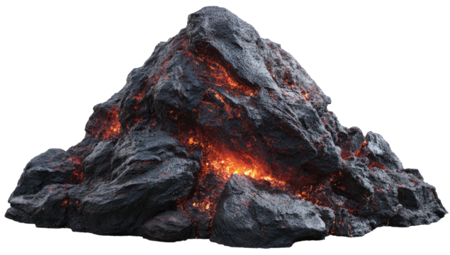 A jagged, volcanic rock pile, glowing with fiery lava