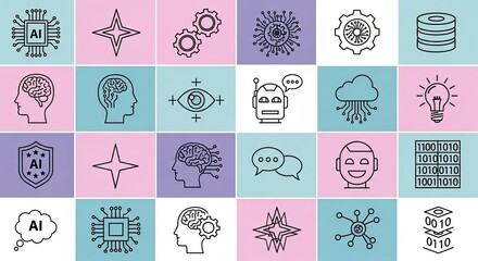 Colorful AI and Technology Icon Grid Featuring 25 Stylized Symbols Representing Machine Learning, Neural Networks, Data Science, and Digital Innovation