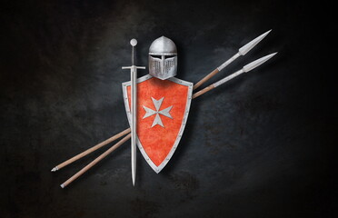 red shield with a cross sword helmet and spear on grunge background