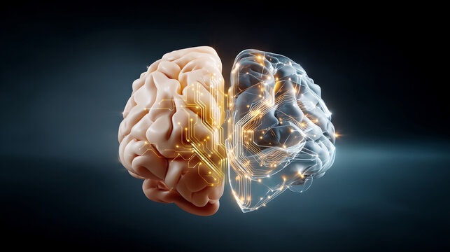 Fascinating hybrid brain merges organic human intelligence with advanced artificial intelligence. Deep cognitive thought and futuristic technology