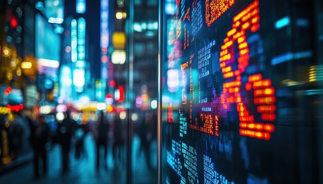 Stock Market Quotes Displayed On Glass With Reflection Of City Scene - A Unique And Modern Way To Track Markets.