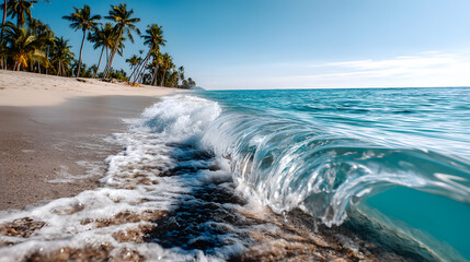 Clear blue ocean waves washing gently onto a sandy topical beach, with tall pam trees in the background.