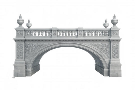 Ornate stone arch bridge with intricate carvings, classical urns, standing against transparent background, highlighting architectural design elements