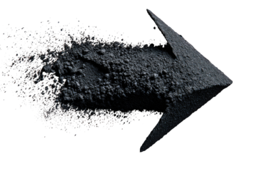 A dark, angular arrow shape, composed of textured, granular material, is depicted against a black background.  A trail of smaller particles trails from the arrowhead, radiating outward