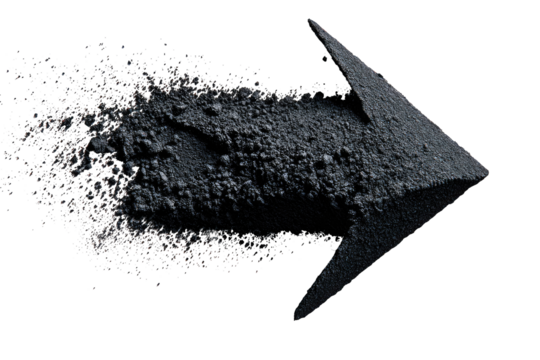 A dark, angular arrow shape, composed of textured, granular material, is depicted against a black background.  A trail of smaller particles trails from the arrowhead, radiating outward