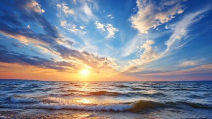 A serene sunset over the ocean with warm golden light, vibrant sky colors, and gentle waves lapping the shore,