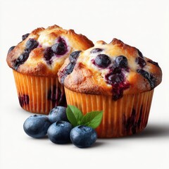 Two blueberry muffins with fresh blueberries and mint leaves studio shot on white background bakery food dessert