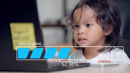 Adorable young child looking at computer screen with animated data loading bar and 56.24% progress. Great for digital education, learning apps, and technology user experience concepts. - Powered by Adobe