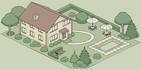 Vector illustration of an isometric residential town with city street buildings and house architecture
