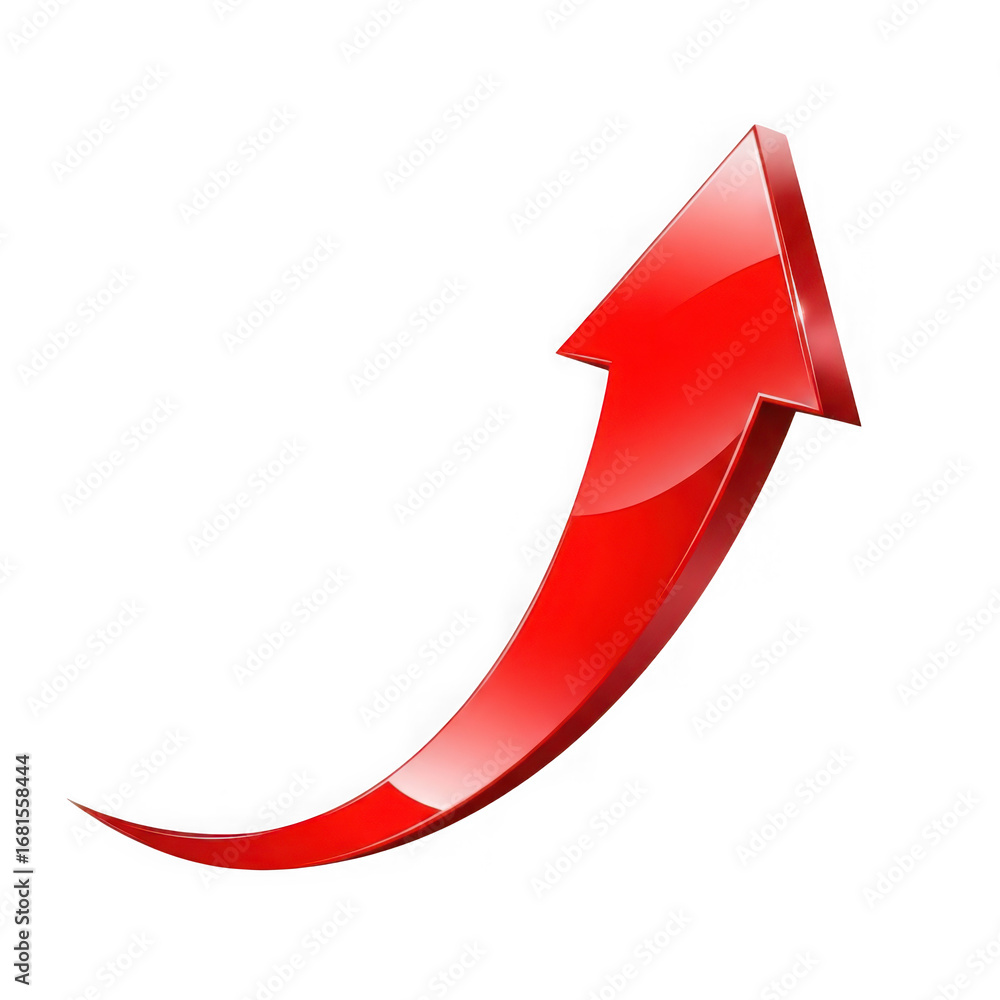 Poster shiny red arrow ascending with highlights on black background upward rising isolated on a transparen