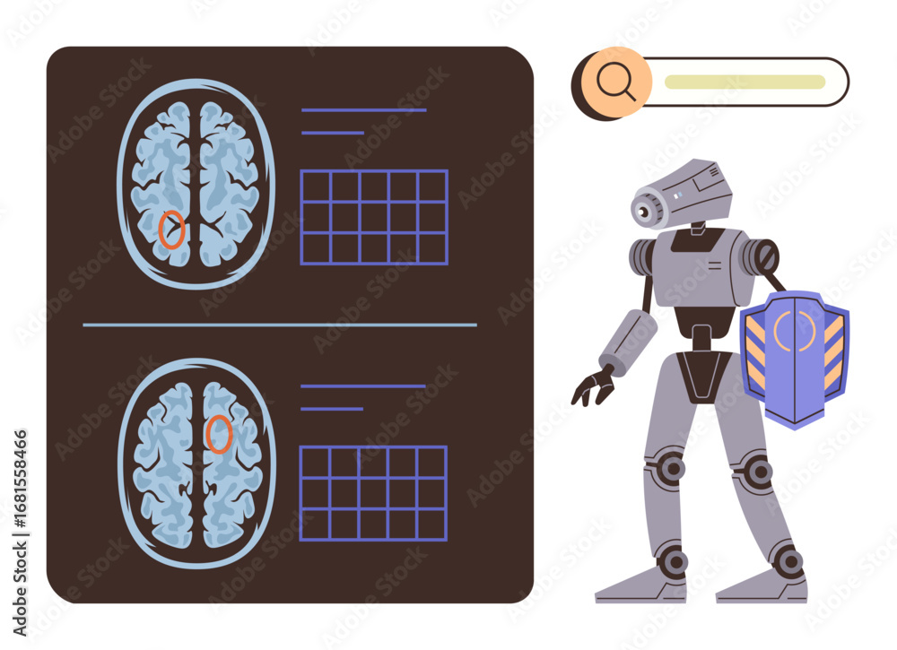Fototapete brain scan analysis with highlighted areas and accompanying robot holding a shield. ideal for health