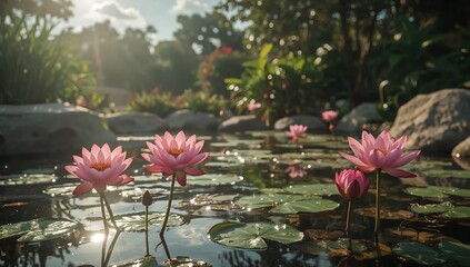 Beautiful pink lotus flowers blooming in a tranquil pond on a sunny day