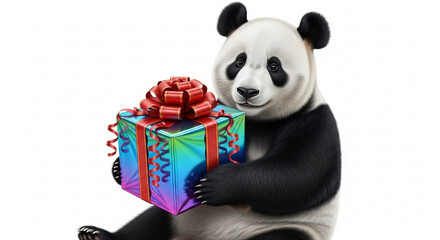 A cute giant panda bear sits on a white background holding a colorful gift box with a large red bow.