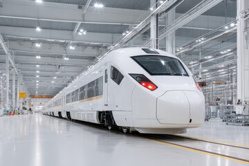 Fototapeta premium hightech production line assembles autonomous trains in clean ultramodern environment