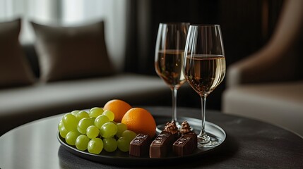 Romantic getaway wine glasses with fruit and chocolates for a special occasion luxurious experience