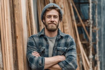 Portrait of a skilled carpenter standing with crossed arms in a lumberyard, exuding confidence and expertise in his craft