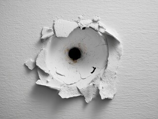 Bullet hole in white wall close up damage drywall texture plaster impact crime scene investigation accident