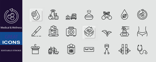 This editable stroke icon set illustrates various concepts in Medical  Wellness, symbolizing healthcare, treatment, spa, and body care for modern lifestyle.