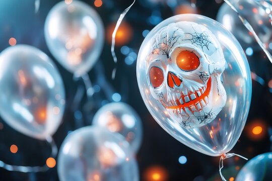 Spooky halloween balloons with jack-o'-lantern faces and festive bokeh background