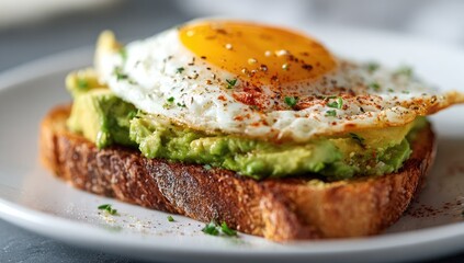 Close-up of avocado toast with fried egg