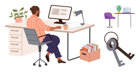 Man at desk using desktop computer with documents, coffee, potted plant, and bookshelf. Modern office setup, digital work, security, productivity, remote work organization inspiration simple flat