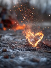 Heart of fire burns bright in ground level close up shot with bokeh and sparks flying in the air
