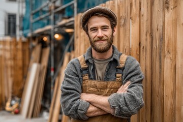 Fototapeta premium Portrait of a carpenter smiling with crossed arms in front of a wooden fence at construction site