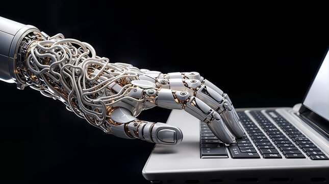 Robotic Hand Typing on Computer Keyboard – Artificial Intelligence and Futuristic Technology Concept