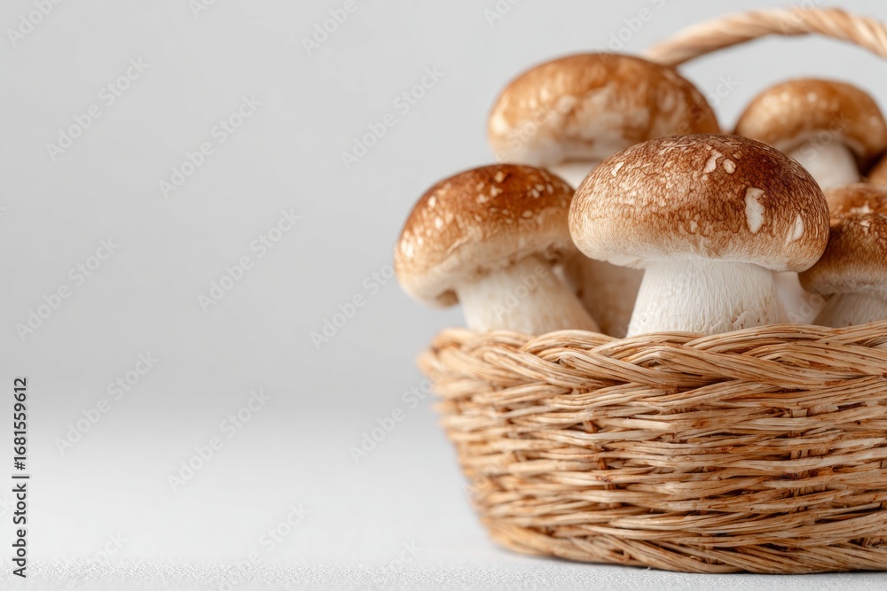 Aufkleber close-up of a wicker basket overflowing with fresh shiitake mushrooms, creating a rustic and appetiz