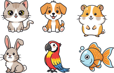 Adorable cartoon pet animals vector set including cat, dog, rabbit, parrot, hamster, and fish, perfect for kids, education, and sticker designs