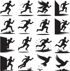 Obraz premium Silhouettes of Running People with Wings and Birds in Flight vector illustration