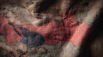 Close-up of a worn burlap sack with stitched patches showing texture and color variation in a rustic style