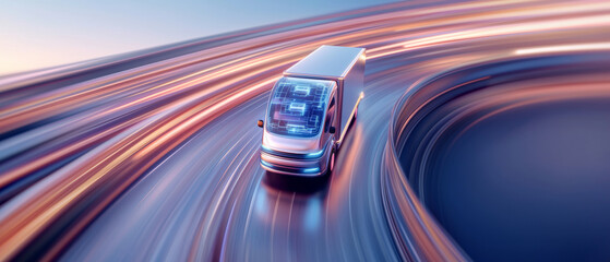 Futuristic electric delivery van speeds along curved highway, symbolizing innovation e commerce logistics and growth sales. glowing lights and sleek design evoke efficiency and sustainability