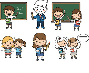 Cartoon school children and teacher with pencils, blackboards, and books, perfect for education, classroom learning, student interaction, and teaching design elements