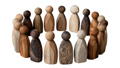 Circular arrangement of numerous wooden figurines, various shades of brown and tan, creating a community