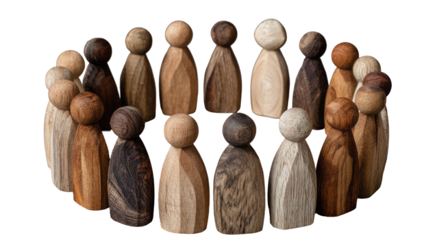 Circular arrangement of numerous wooden figurines, various shades of brown and tan, creating a community