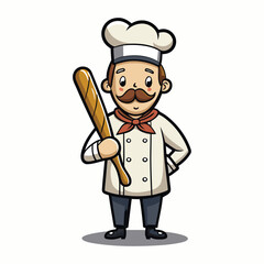 French Bakery Chef Vector Illustration with Crossed Baguette, Artisan Pastry Cooking, Culinary Chef Cartoon Character Design for Bakery