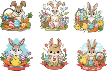 Cute Easter bunny illustrations with eggs, spring flowers, chicks, baskets, carrots, perfect for holiday greeting cards, kids decor, seasonal vector design.