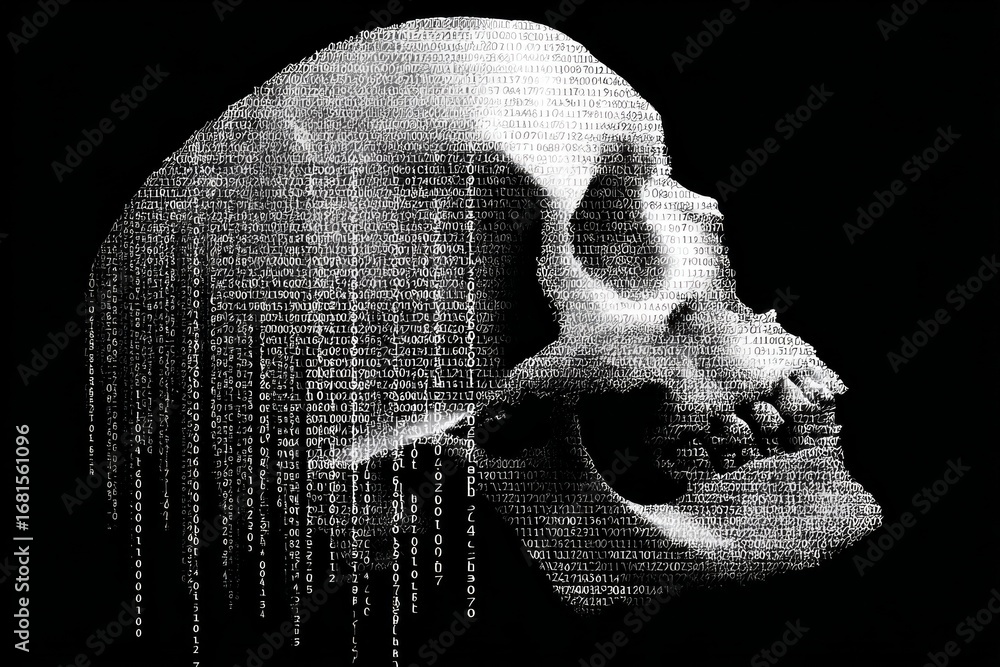 Aufkleber human skull made of binary code dissolving, representing digital afterlife, mortality in the digital