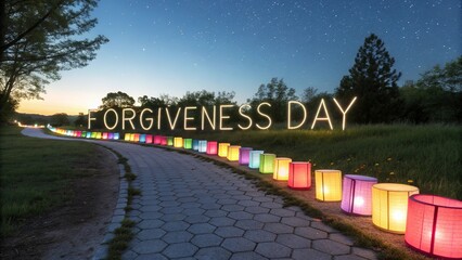 A path of glowing lanterns in rainbow co