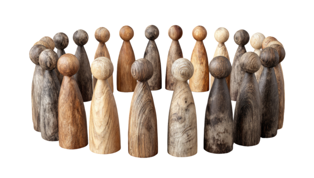 A circular arrangement of wooden figurines, various shades of brown