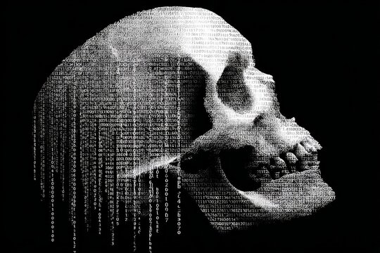 Human skull made of binary code dissolving, representing digital afterlife, mortality in the digital age, or loss of data
