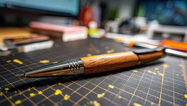 Close-up of a wooden pen on a black cutting mat - Powered by Adobe
