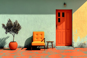 A minimalist architectural scene with a red door and a single potted tree. A concept for modern design, simplicity, and the contrast of color and shadow.