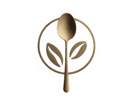 Elegant gold spoon icon with leaf elements inside circular frame, symbolizing healthy food, organic cuisine, and eco friendly dining, isolated on transparency background
