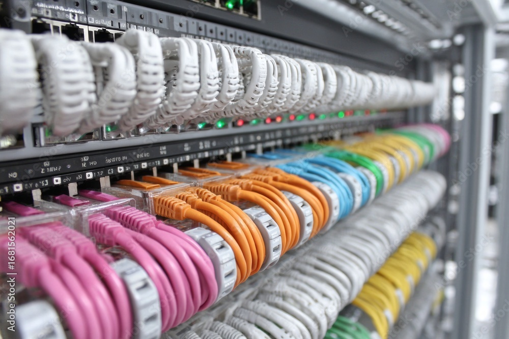 Aufkleber colorful network cables connected to server in a modern data center are blinking showing data transf