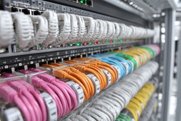 Colorful network cables connected to server in a modern data center are blinking showing data transfer