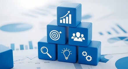 Blue building blocks with business growth icons stacked in a pyramid on a financial chart background